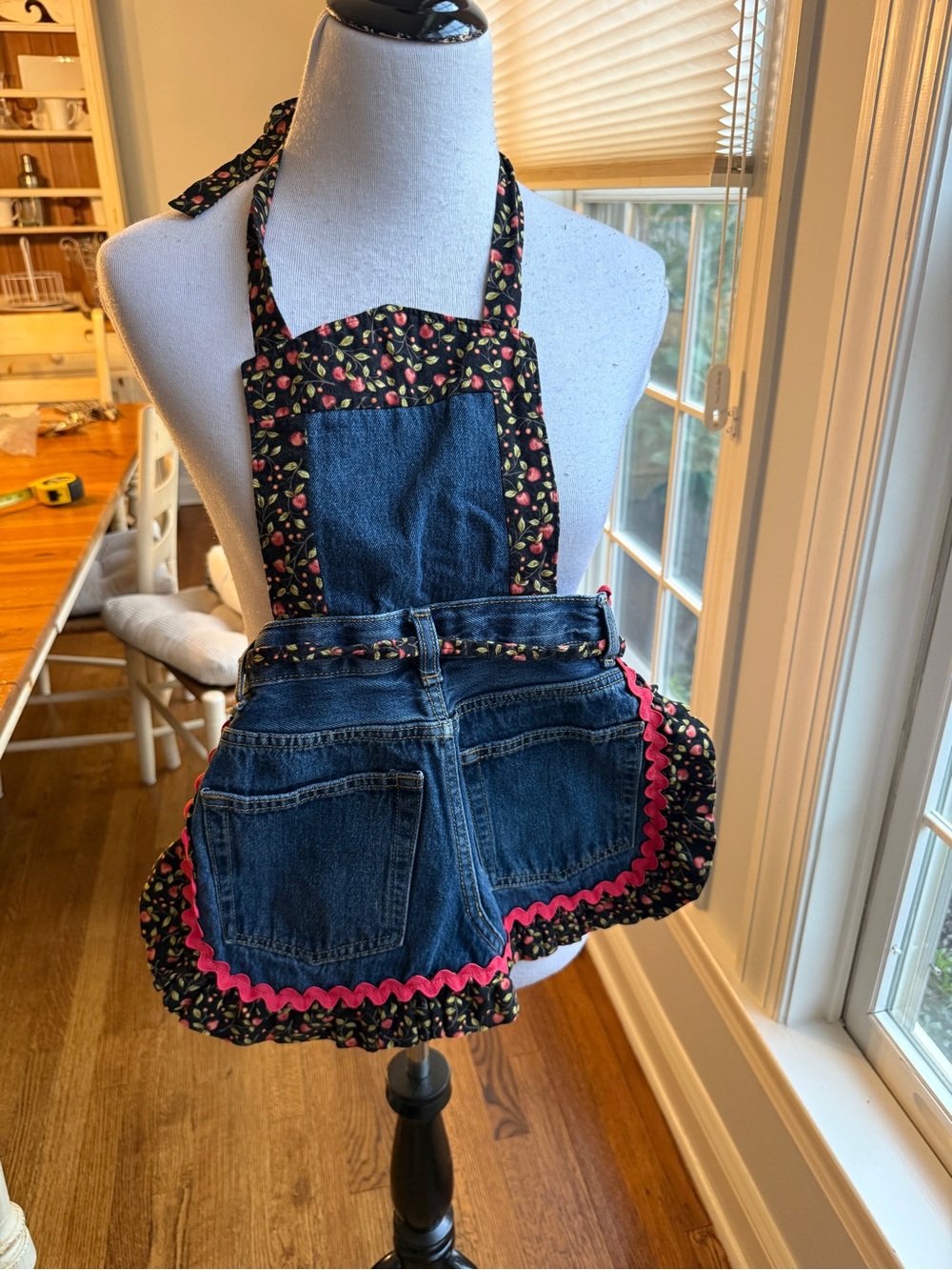 Upcycled Child Denim Jeans Apron Floral Ruffle Red Rickrack Handmade Cottagecore